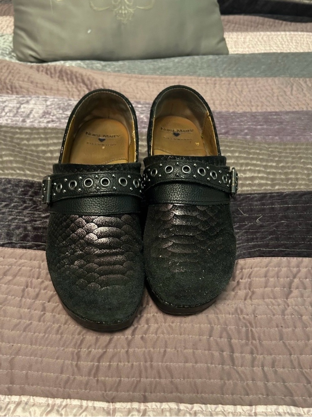 Black Nurse Mates snake skin slip -On Shoes with Grommet Strap